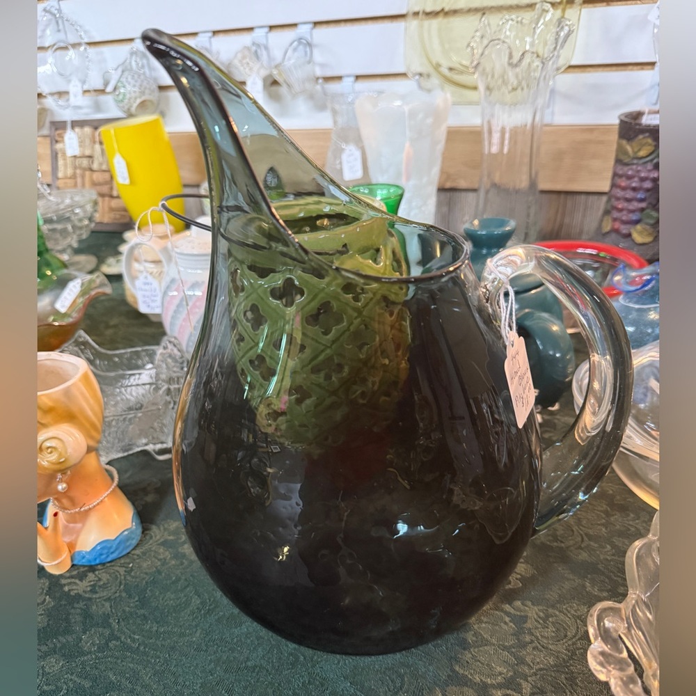 Erickson Large Glass Pitcher Mid Century smoky green.